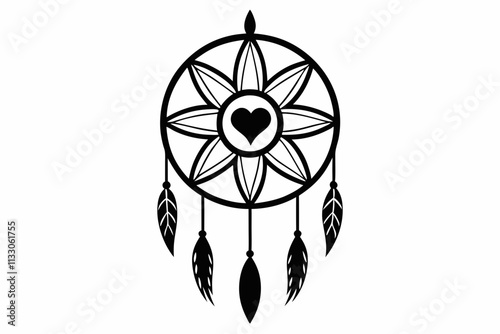 Heart dream catcher design. Tribal indian symbol. Ethnic vector illustration. Dreamcatchers silhouette. Boho style print. Outline sign threads, beads and feathers. Native american design.