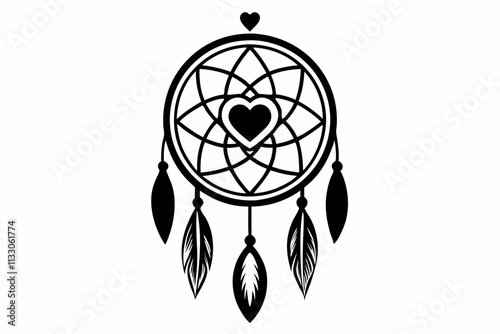 Heart dream catcher design. Tribal indian symbol. Ethnic vector illustration. Dreamcatchers silhouette. Boho style print. Outline sign threads, beads and feathers. Native american design.