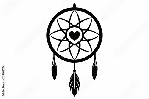 Heart dream catcher design. Tribal indian symbol. Ethnic vector illustration. Dreamcatchers silhouette. Boho style print. Outline sign threads, beads and feathers. Native american design.