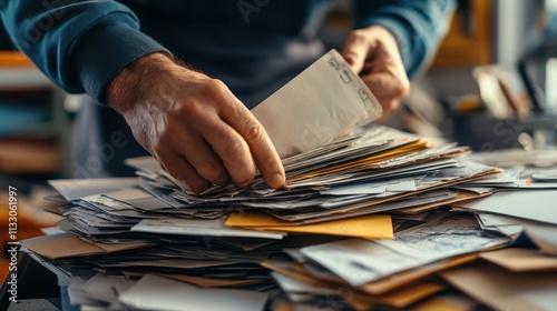 A close-up of a postman sorting through a pile of letters before delivering them to recipients in the community.