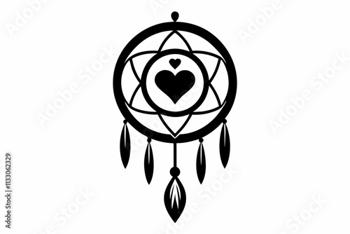 Heart dream catcher design. Tribal indian symbol. Ethnic vector illustration. Dreamcatchers silhouette. Boho style print. Outline sign threads, beads and feathers. Native american design.