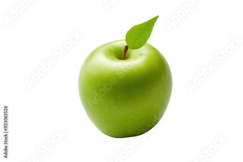 Juicy and crisp green apple with detailed leaf, positioned slightly to the side to show the apples curvature