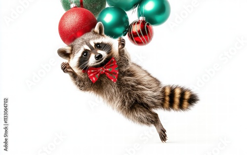 A mischievous raccoon wearing a festive bowtie, gliding with balloons shaped like Christmas ornaments on a bright white background photo