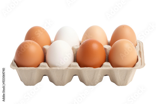 Fresh eggs of various shades, including white and brown, are neatly arranged in a classic cardboard egg carton, emphasizing their cleanliness and quality. The carton is placed on a clean photo