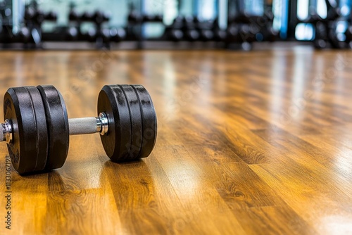 A free weights section in a gym, with heavy dumbbells and benches aligned perfectly on a polished floor