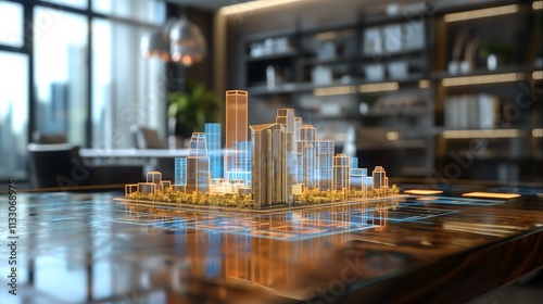 3d blue prints of a real estate project virtual hologram on a table in modern office, real estate development business