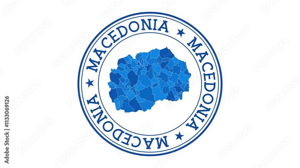 Macedonia intro. Badge with the circular name and map of country. Macedonia round logo animation.