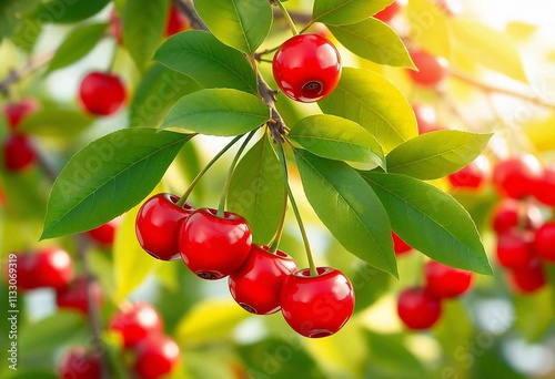 A branch with ripe cherries and green leaves