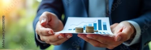 A businessman holds a stack of coins and a financial graph in his hand for reference and analysis purposes daily._00002_