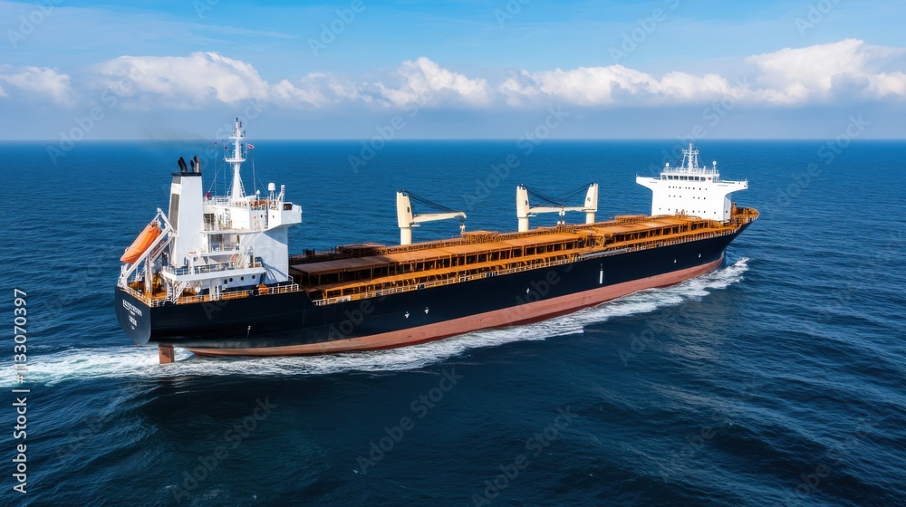 Fototapeta premium Large Cargo Ship Navigating Open Ocean with Clear Blue Sky and Calm Water in Maritime Environment