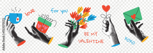 Halftone collage in contemporary mixed media style. Paper hands holding elements for Valentine's Day. Trendy  vector illustration. Concept of relationship, love, romance, valentine day.