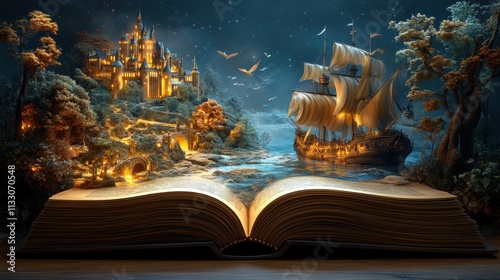 Magical world unfolds: open book transports to enchanted castle and sailing ship adventure photo