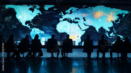 Silhouetted figures monitor global data network photo