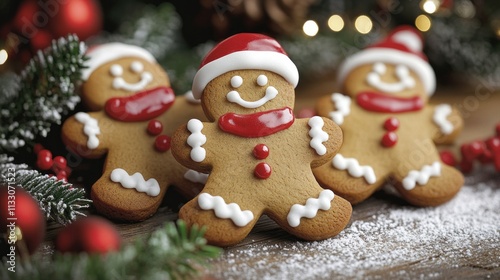 Delightful gingerbread man cookies shine with glossy decorations, showcasing cheerful smiles and festive accessories. Perfectly handcrafted, they bring joy to any holiday gathering