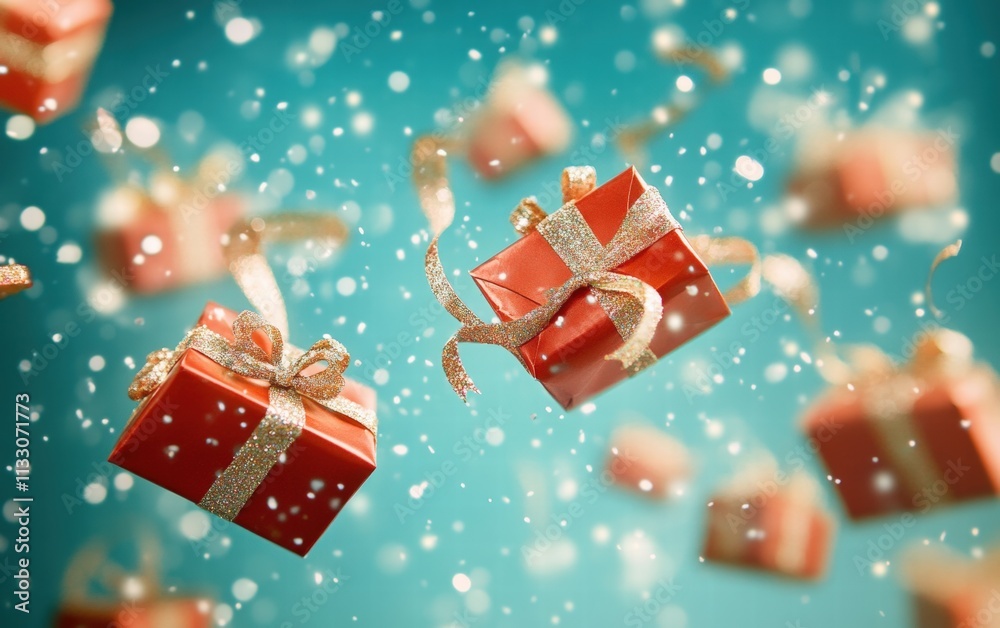 Fototapeta premium Festive miniature gift boxes with ribbons and glitter flying against a bright cyan background