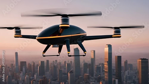 Futuristic Drone Flying Above Modern City Skyline at Sunset with High-Tech Design and Rotors

 photo