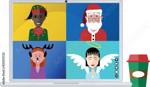 santa claus in a conference call - work colleagues in christmas costumes  during a conference call 