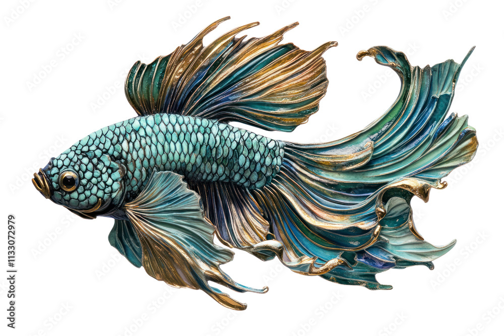 Obraz premium A stunning betta fish in rich shades of teal and gold, elegantly posed with its fins splayed out, creating a striking contrast against a clean white background. The intricate details of its scales