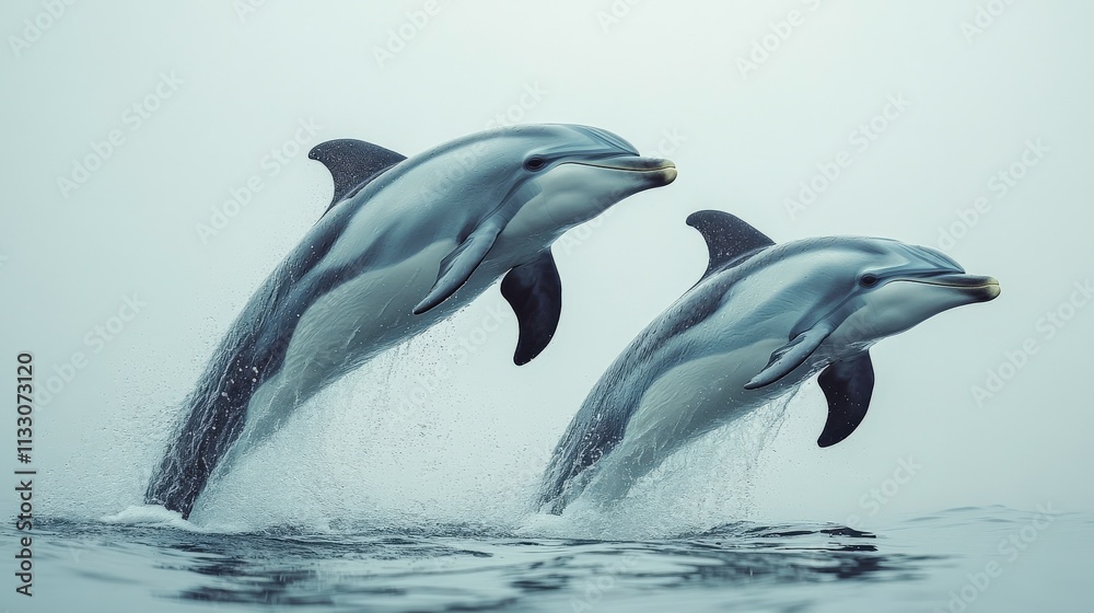 Obraz premium Two Playful Dolphins Leaping Above The Water Surface, Captured in a Serene Ocean Environment Under Soft Natural Light with a Calm Backdrop