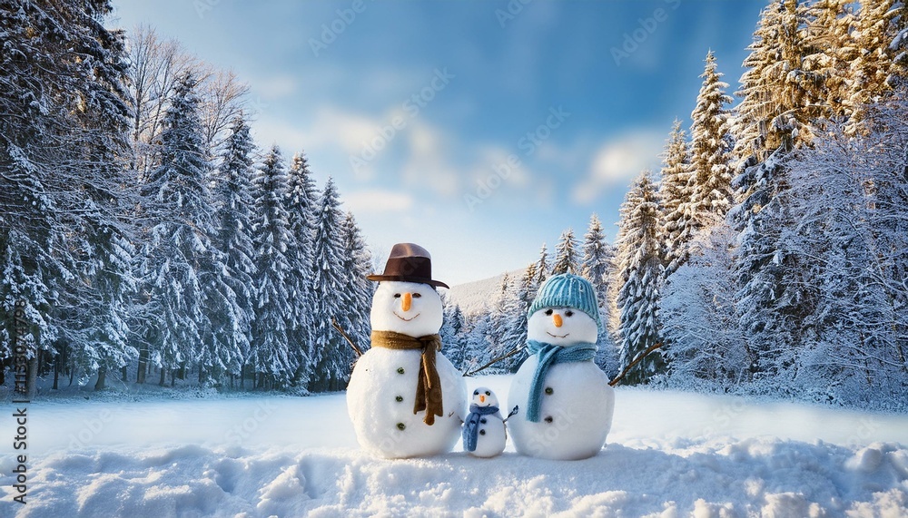 Obraz premium Merry Christmas and happy New Year greeting card with copy-space. Snowmen Family standing in winter Christmas landscape. Winter background