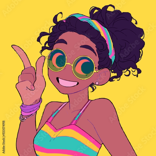 Stylish girl with colorful sunglasses and a cheerful pose on a bright yellow background