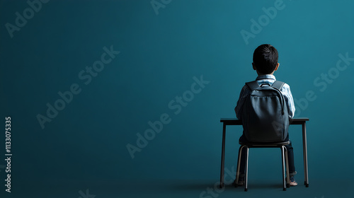 A simple depiction of a child with a backpack, with an empty school desk in front of them, symbolizing the lack of education access. Lack of education access.