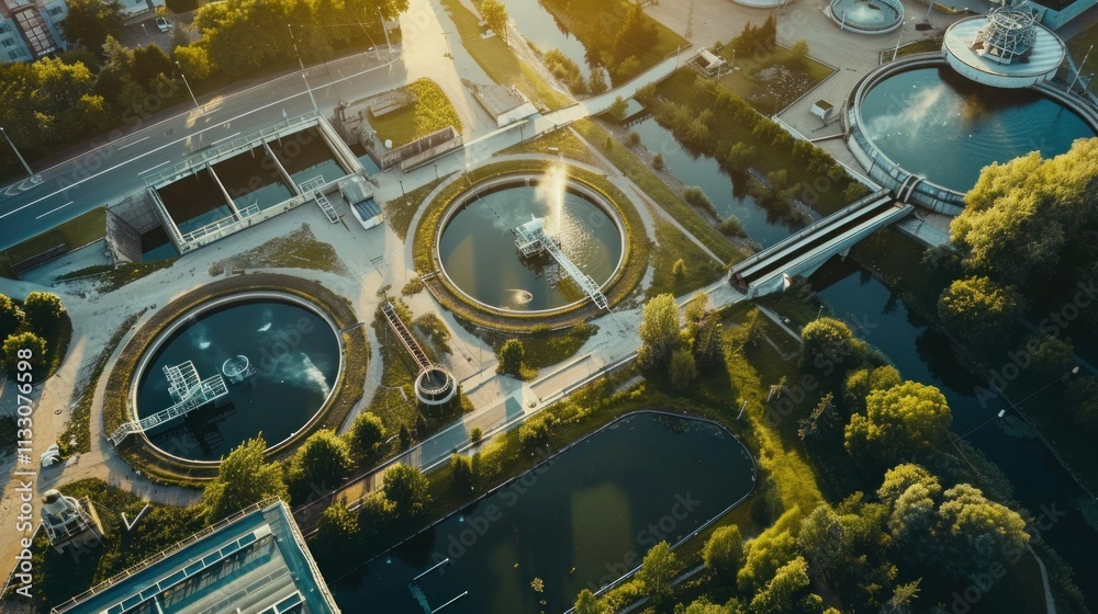 Fototapeta premium Aerial View Of Ity Station For Wastewater Treatment. A Lot Of Ponds With Dirty And Cleaned Water