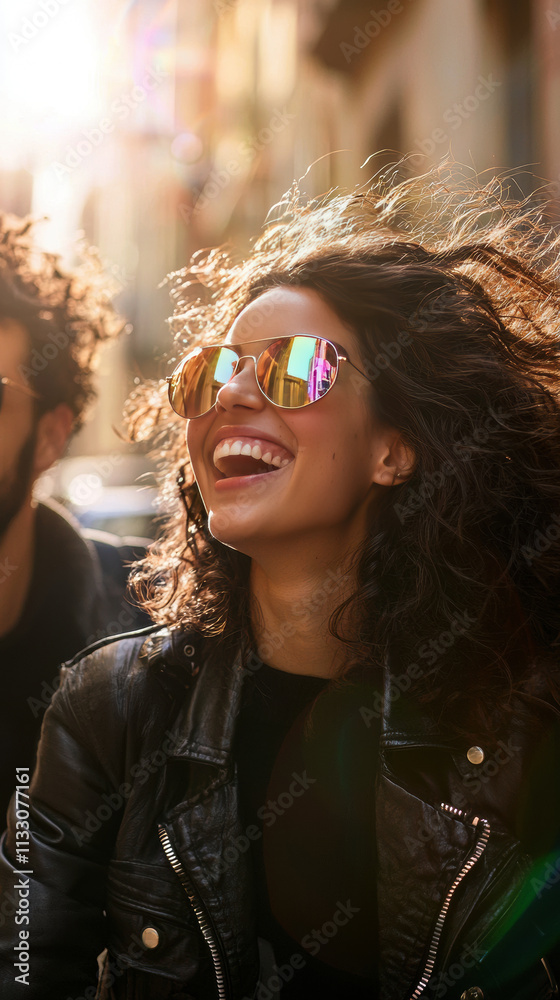 Obraz premium joyful woman with curly hair wearing sunglasses smiles brightly in sunlight