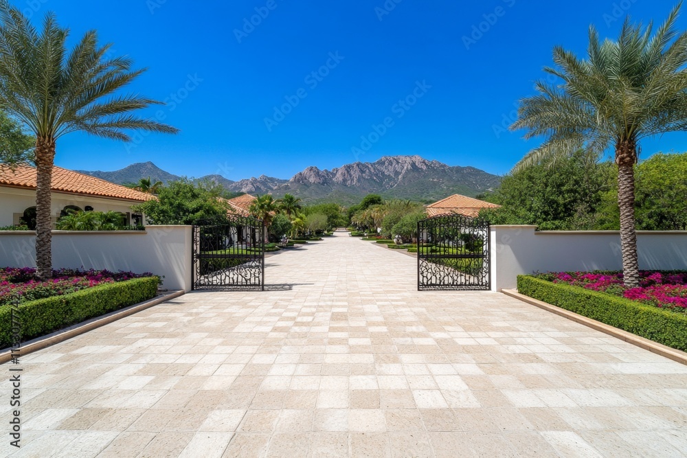Obraz premium An ultra-detailed close-up of a gated estate entrance, with intricate ironwork gates, freshly painted walls, and vibrant flowers lining the pathway