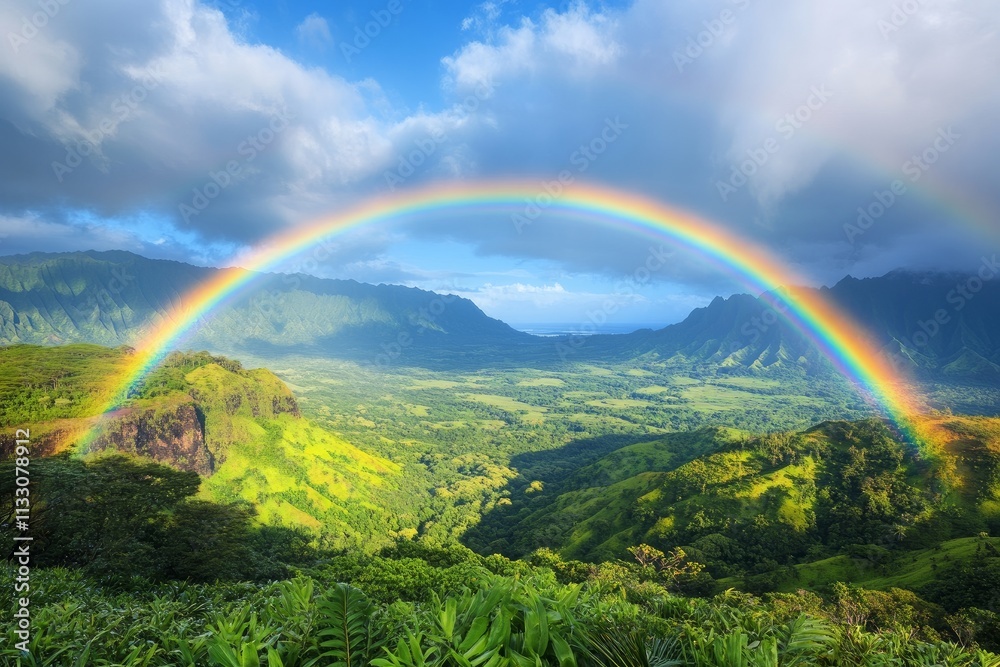 Fototapeta premium Wide shot of a rainbow over a lush valley after a rainstorm, vibrant colors contrasting with green landscape, no people, focus on environmental beauty, high-definition landscape
