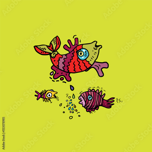 Illustration of funny cartoon fish characters