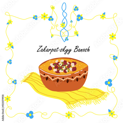 Zakarpat’skyy Banosh. Delicious, aromatic homemade banosh with cheese and smoked lard served in a clay deep plate. Ukrainian banosh. Ukrainian national cuisine