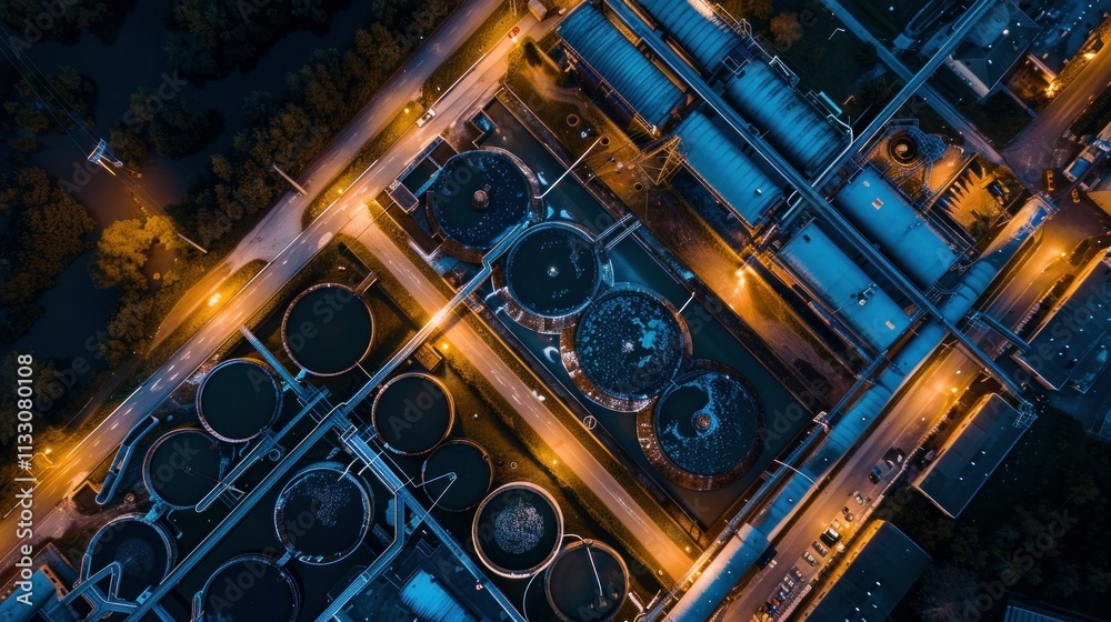 Fototapeta premium Aerial View Of Ity Station For Wastewater Treatment. A Lot Of Ponds With Dirty And Cleaned Water