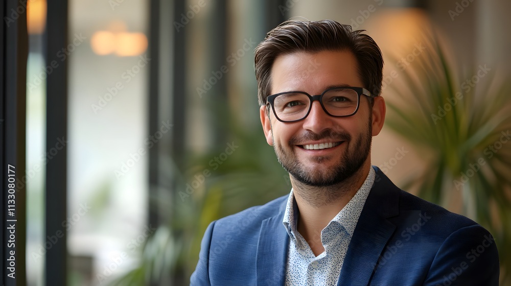 Fototapeta premium Portrait of a Smiling Man Wearing Glasses and a Suit