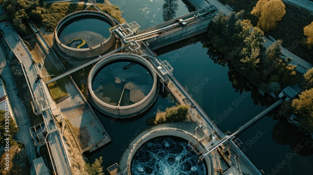 Obraz premium Aerial View Of Ity Station For Wastewater Treatment. A Lot Of Ponds With Dirty And Cleaned Water