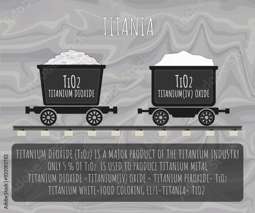 Vector illustration. Titanium dioxide, titanium oxide or titanium, is an inorganic compound obtained from titanium in wheelbarrows.
