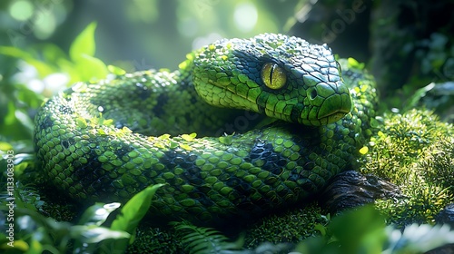 small snake resting on a moss-covered log, sunlight highlighting its scales, ultra-realistic