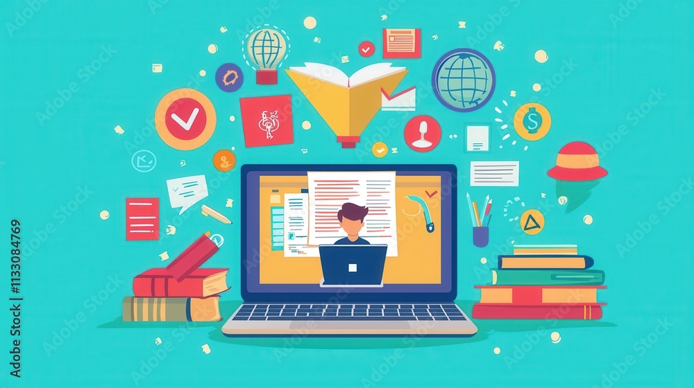 Fototapeta premium Student Engaged in Online Learning Through Educational Platforms with Various Learning Tools and Resources