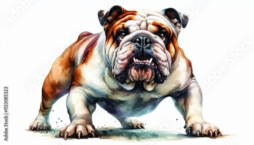 bulldog, dog, attacking pose, animal in watercolor painting, alcohol ink, colorfull illustration, photo