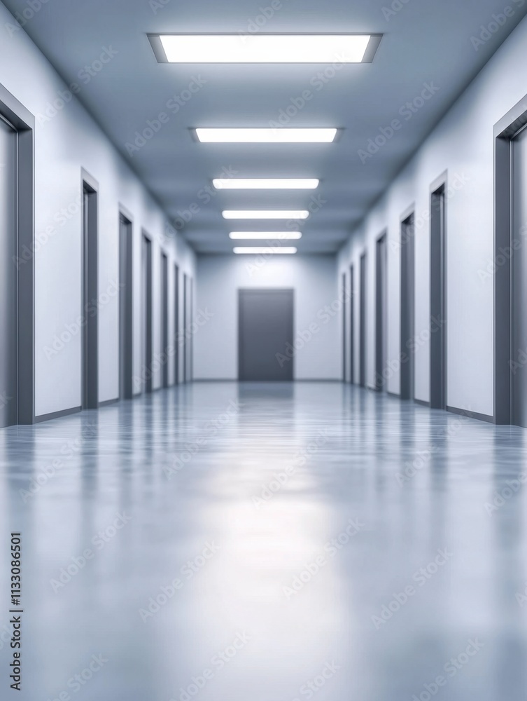 Fototapeta premium A long, narrow corridor with multiple doors on either side, illuminated by bright overhead lights, creating a modern and minimalistic atmosphere.