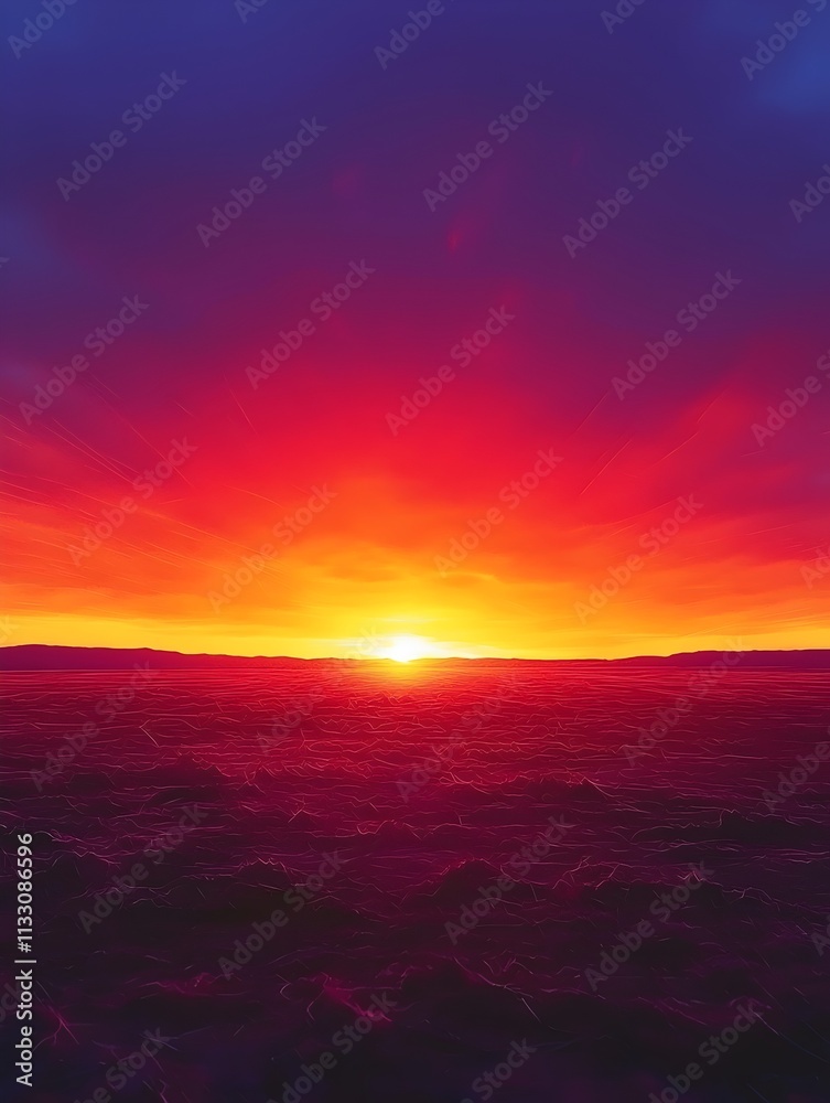 Fototapeta premium A breathtaking sunset over a tranquil landscape, showcasing vibrant hues of orange, red, and purple as the sun dips below the horizon, creating a serene atmosphere.