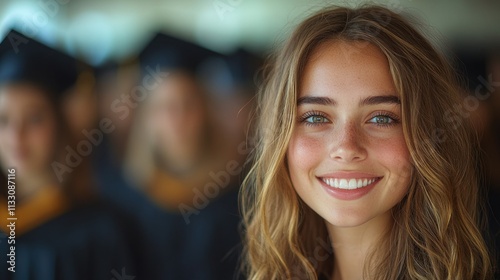 Wallpaper Mural Happy female graduate smiling at camera with blurred classmates in background. Torontodigital.ca