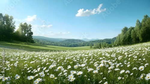 Daisy field in mountain valley, horizontal, perfect for spring tourism promotions, eco-retreats, wellness centers, and natural medicine campaigns. Ideal for Earth Day events, environmental festivals,  photo