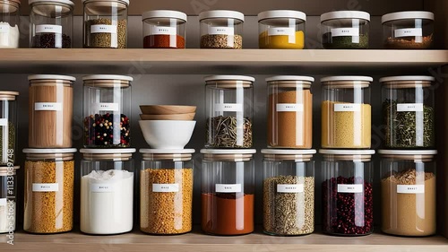Neatly Organized Kitchen Shelf with Glass Jars of Spices, Grains, and Dried Goods in a Minimalist Pantry

 photo