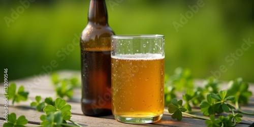 Glass of beer with a bottle on a table in a sunny outdoor setting photo