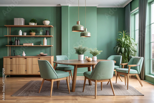 A green room with a table and chairs with a green chair and a table with chairs photo