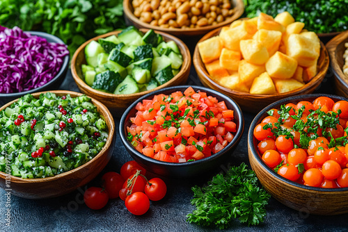 A variety of plate with a healthy vegetarian food dish and vitamin-rich, low-calorie food