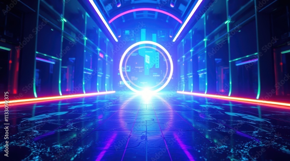 Fototapeta premium Futuristic neon tunnel with vibrant blue and purple lights, creating a sci-fi atmosphere.