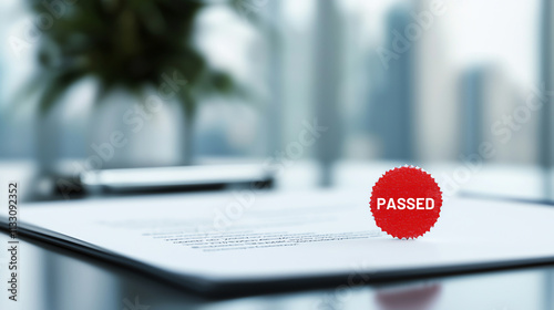 Passed certification document with red seal on desk, symbolizing success