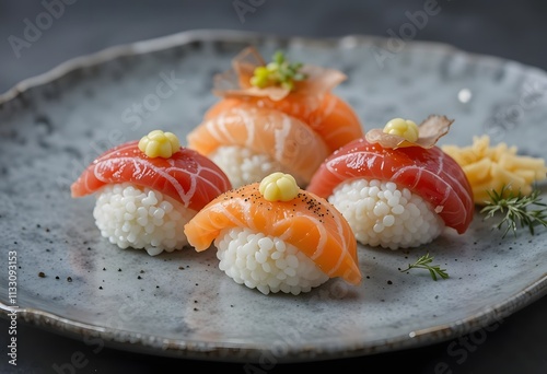 Delicately Plated Serving of Sushi with Fresh Tuna, Salmon, and Yellowtail Created with Generative AI photo